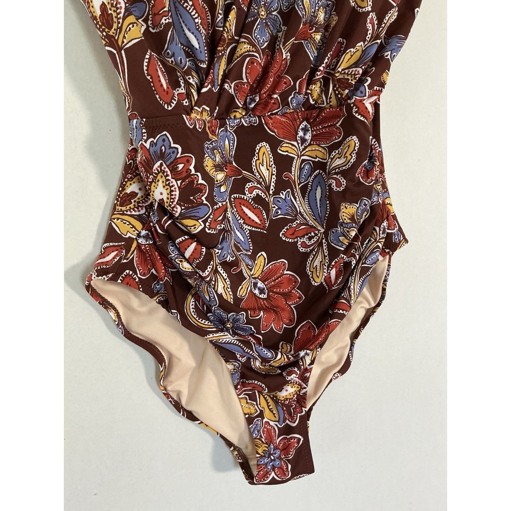 Garnet Hill Brown Floral V-Neck One-Piece Swimsuit w Lined Molded Cups 6 - Picture 3 of 6
